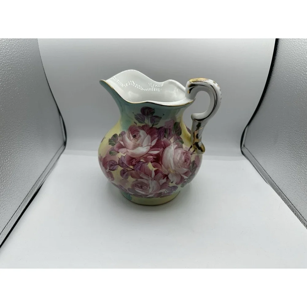 Vintage‎ Hand Painted Porcelain Floral Pitcher Ewer Gold Gilt Pink Roses 8.5
